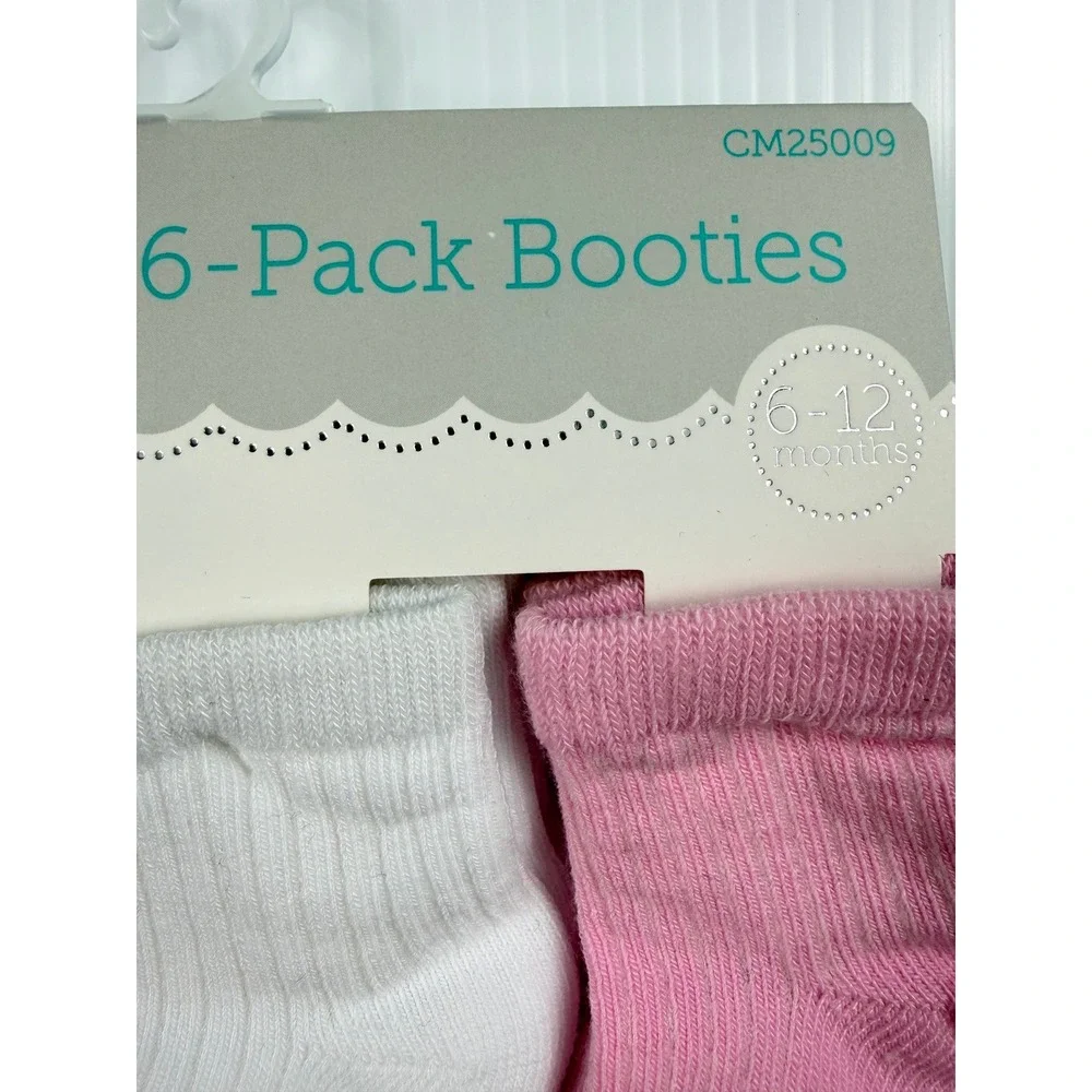 Petite L'amour Booties Baby Girls 6-Pack Socks Pink White Ribbed Newborn 6-12M